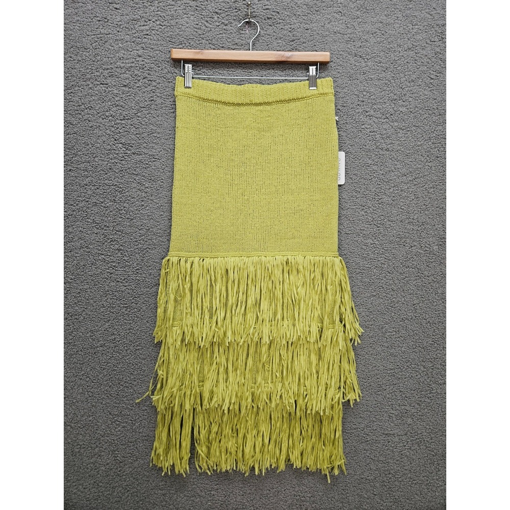 NWT Saylor Knit Skirt S Chartreuse Tiered Fringe Boho Festival Midi Skirt